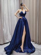 Vintage A-Line V Neck Satin Dark Blue Long Semi Formal Prom Dress, Blue Long Formal Dress